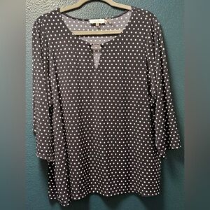 Calvin Klein Jersey Knit Keyhole Polka Dot Navy 3/4 Sleeve Blouse